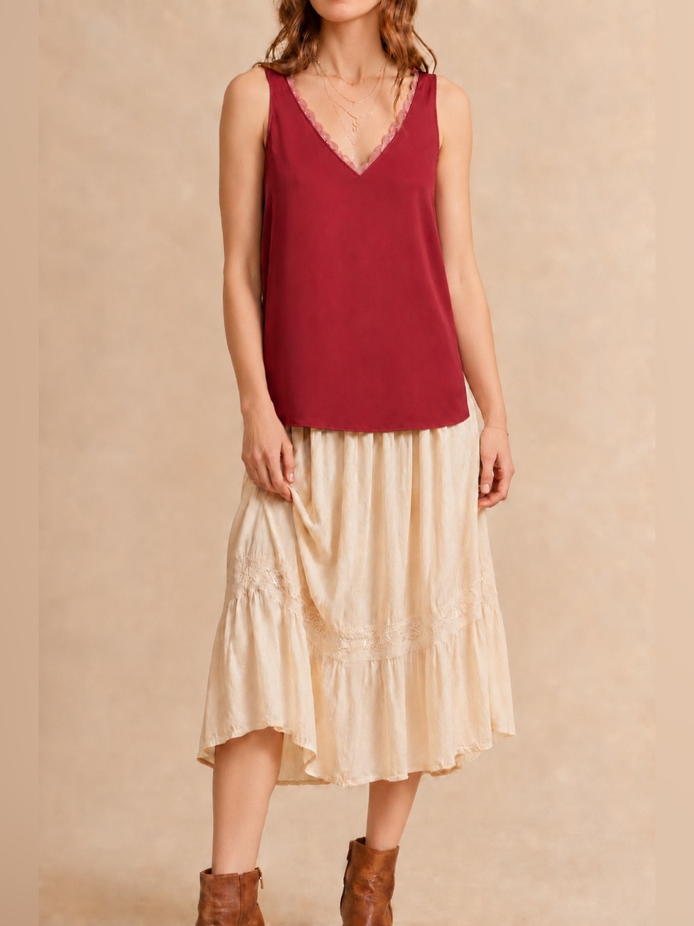 Nic + Zoe Sample Red Maple Lace Trim Satin Tank Top NWT Medium